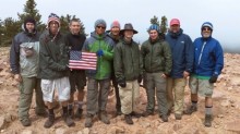Troop 62 atop Mt. Phillips (11,742') in Philmont Scout Ranch, New Mexico. From left to right, Mark Nichols, John Shollenberger, Danny Shollenberger, Aaron Ramos, Del Ramos, Tom Hall, Evan Dion, Jon Dion, Ed Shollenberger.