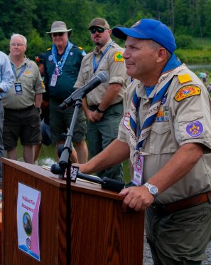 Master of Ceremonies at the Wildland Fire Management Merit Badge launch during the 2026 National Scout Jamboree at the Summit Bechtel Reserve on July 29, 2026. (Photo by Scouting America /Jack Walsh

**********Beginning of Shooting file name - 20260729-09-59-58-0300-JW.CR2     date - 7/29/2026     time - 9:59:58 AM